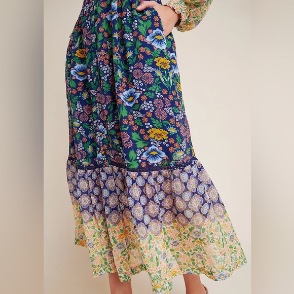 Anthropologie Maeve Ondine Bohemian Floral Long Sleeve tea length Maxi Dress LP - Picture 4 of 5
